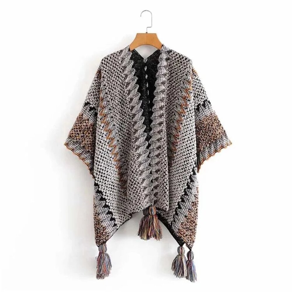 2/$40  Ethnic Striped Grey Sweater Cardigan Tassel Pullover Shawl Poncho Winter